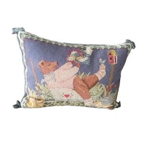 Vintage C&F garden bear birds flowers Pillow Wool Needlepoint Velvet Backing